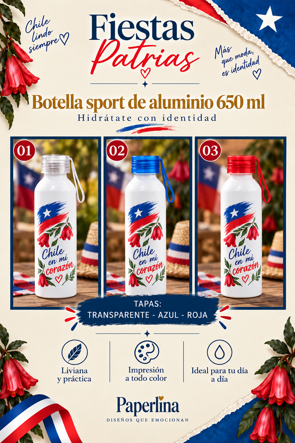 Botella Sport de Aluminio 650 ml Fiestas Patrias