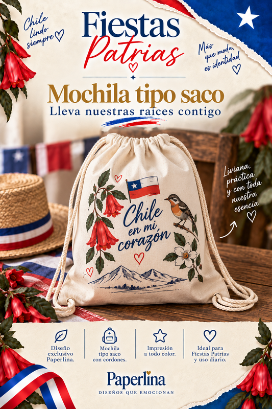 Mochila Tipo Saco Fiestas Patrias | Chile en mi Corazón