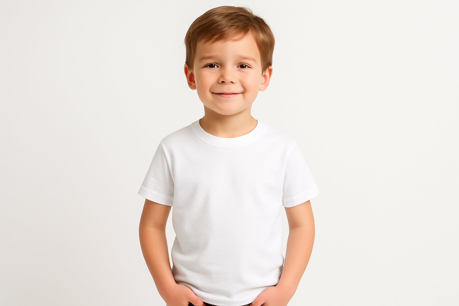 me pueden generar una imagen de un niño o niña, con fondo blanco, y con una polera cuello redondo y manga corta color blanco 