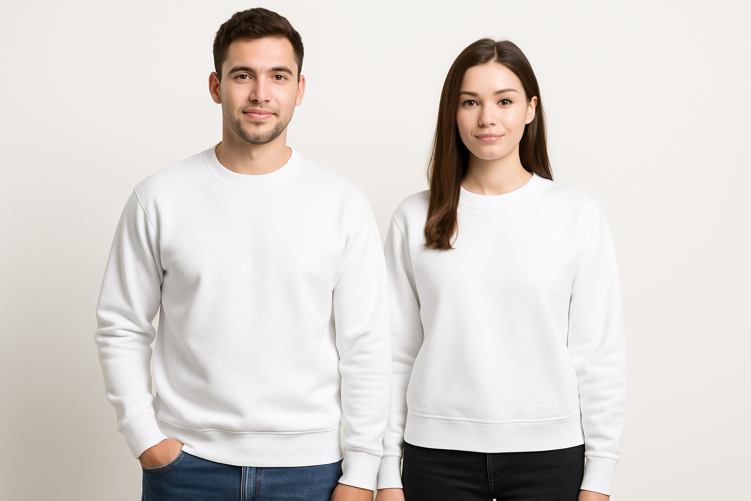 me puedes genera una imagen de un hombre y una mujer, con fondo blanco, en donde tengan un poleron liso clasico cuello redondo de color blanco