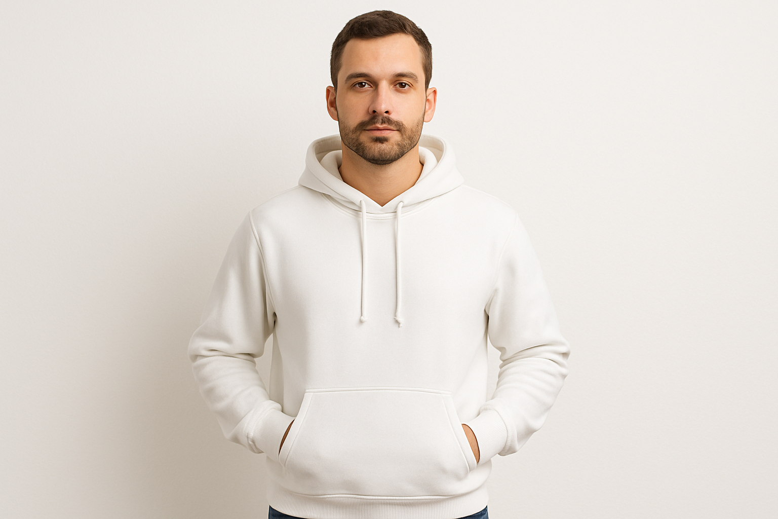 Me puedes generan una imagen de un hombre, con fondo blanco, con un poleron tipo canguro blanco