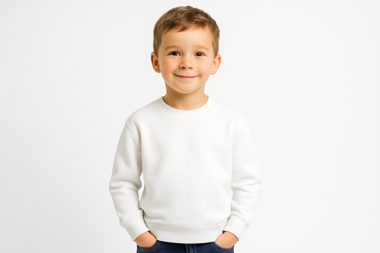 Me puedes generar una imagen de un niño o niña, con fondo blanco, con un poleron liso cuello redondo de color blanco 