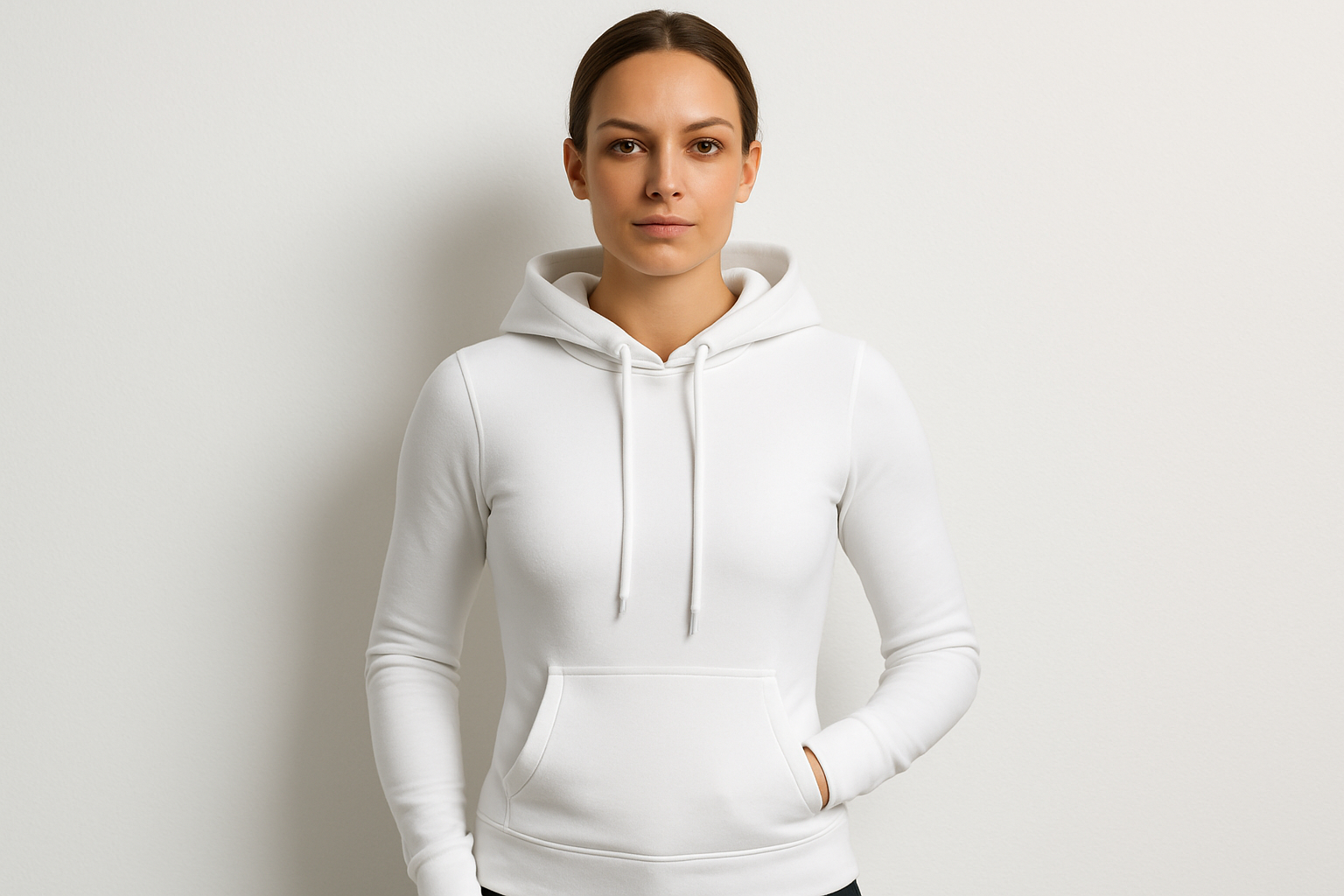 Me puedes generar una imagen de una mujer, con fondo blanco, y con un poleron tipo canguro de color blanco que este señido al cuerpo 